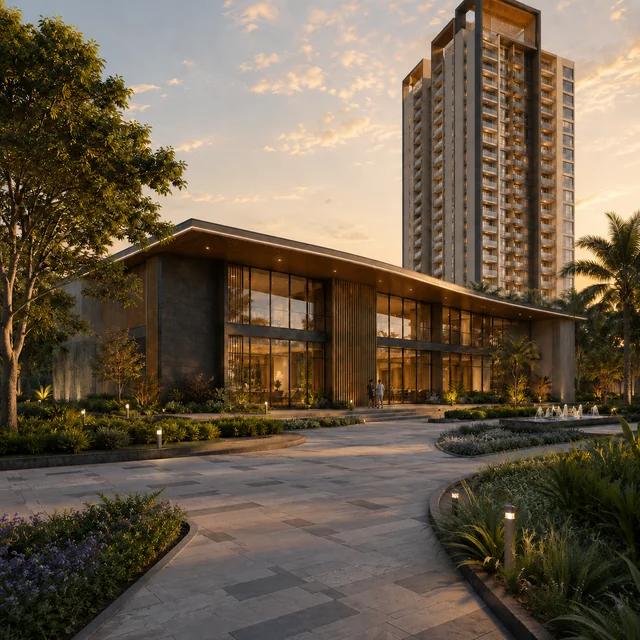 Arvind Sylva 15,000 sqft clubhouse exterior - central amenity precinct Arvind Sylva 15,000 sqft clubhouse exterior - central amenity precinct